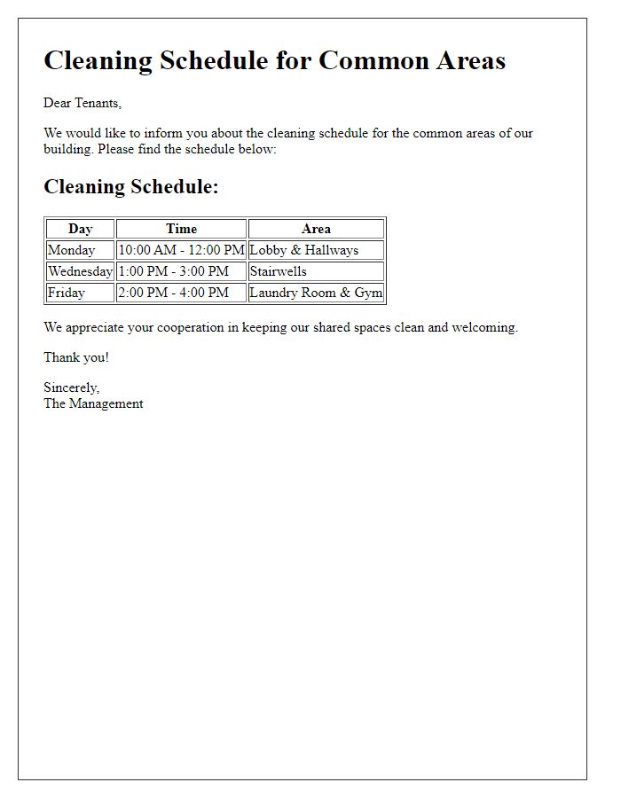 Letter template of cleaning schedules for tenant common areas