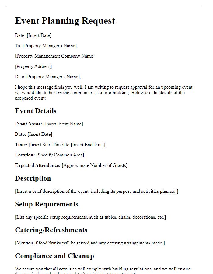 Letter template of event planning in tenant common areas