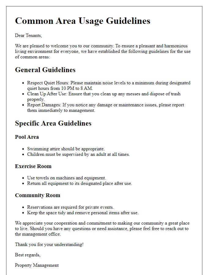 Letter template of guidelines for tenant common area usage