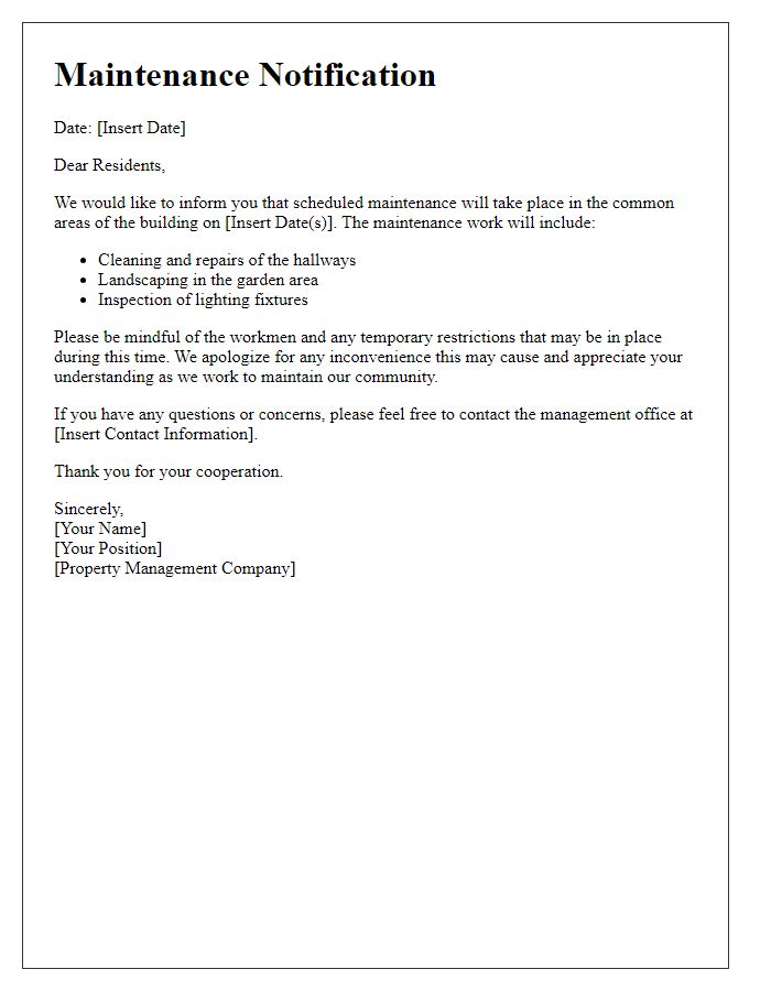Letter template of maintenance notifications for tenant common areas
