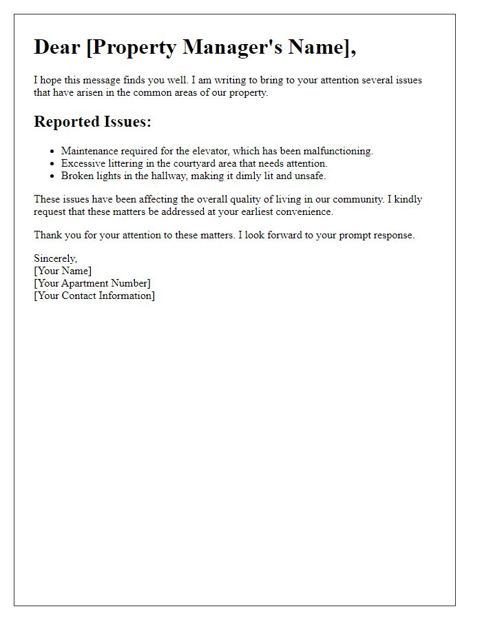 Letter template of reporting issues in tenant common areas