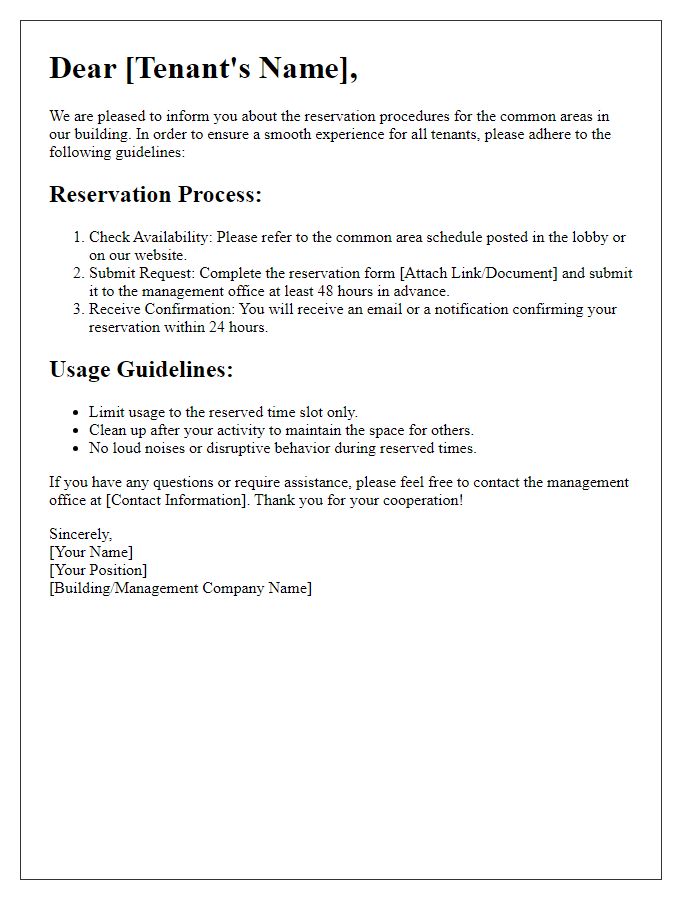 Letter template of reservation procedures for tenant common areas