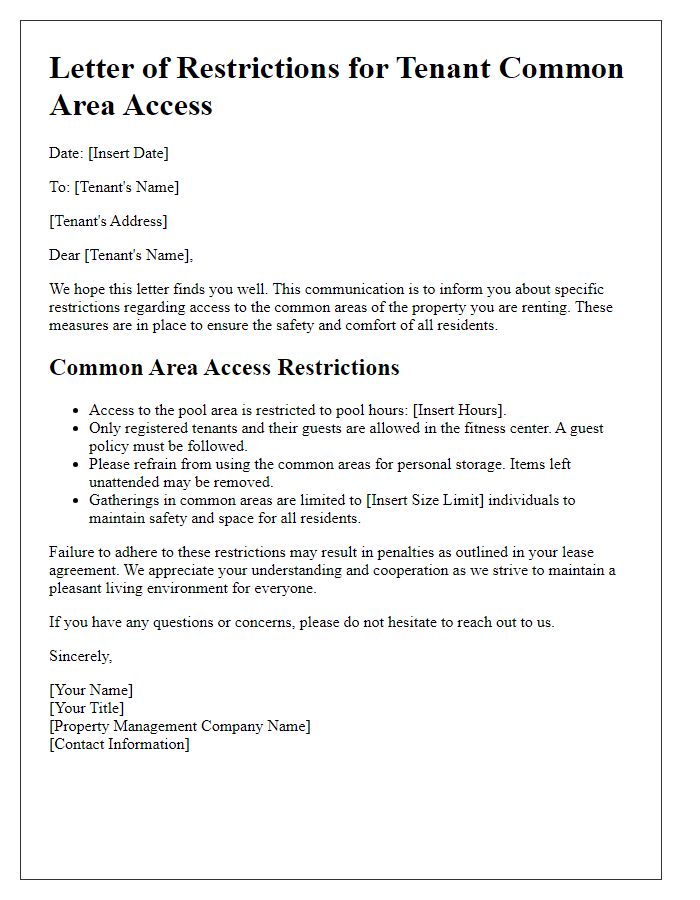 Letter template of restrictions for tenant common area access