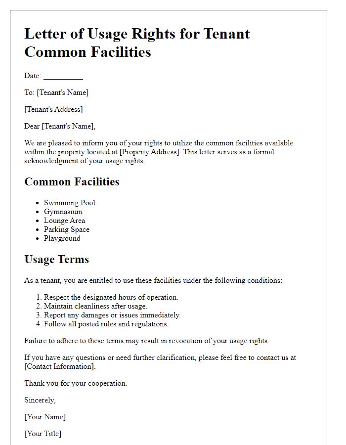 Letter template of usage rights for tenant common facilities