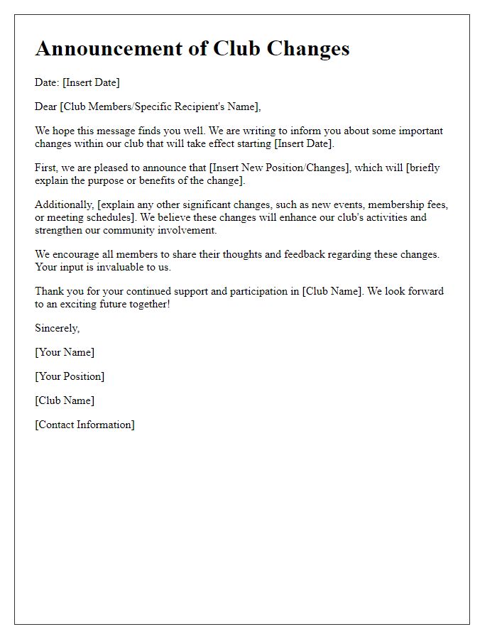 Letter template of announcement letter for club changes