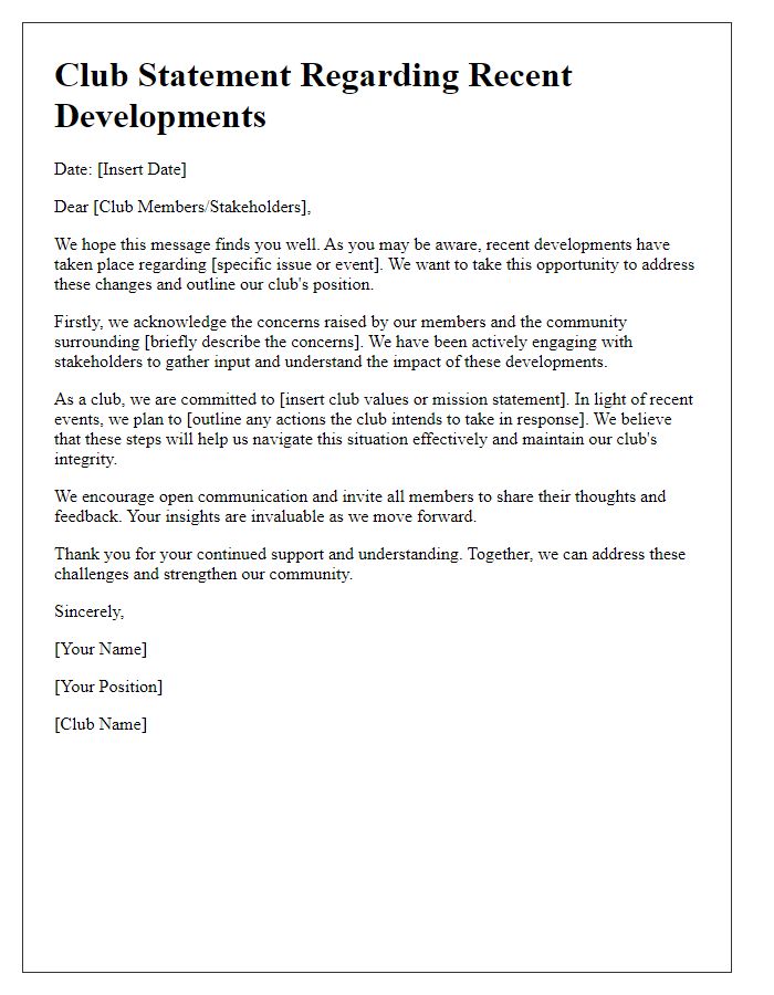 Letter template of club statement addressing recent developments