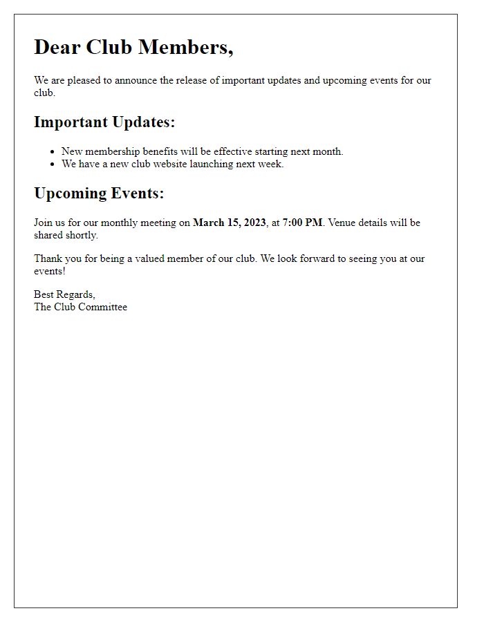Letter template of notification release for club members