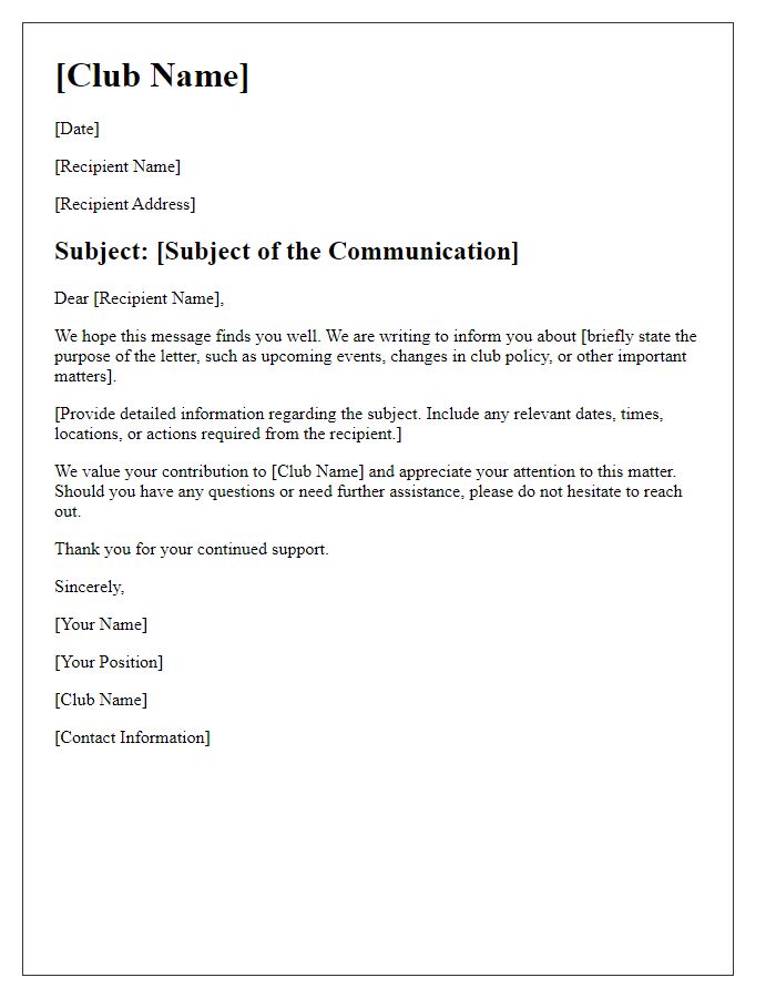 Letter template of official communication from club leadership