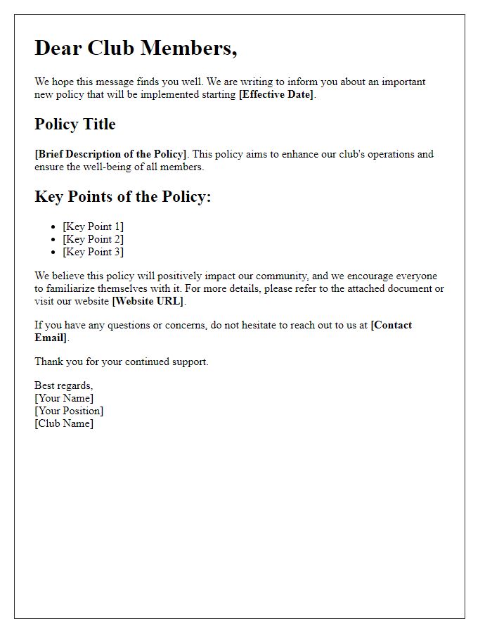 Letter template of policy announcement from the club