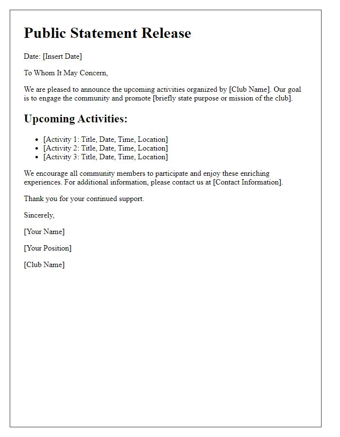 Letter template of public statement release for club activities