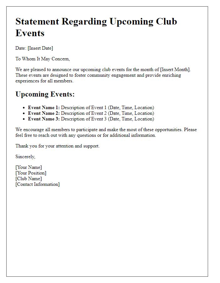 Letter template of statement regarding club events