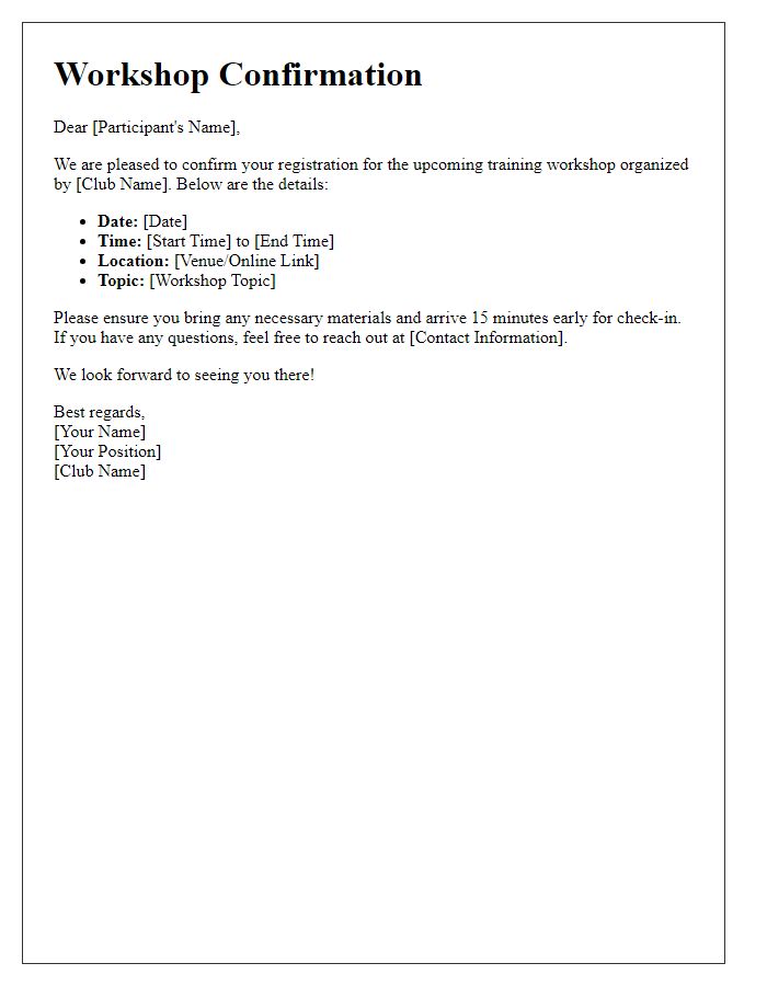 Letter template of club training workshop confirmation