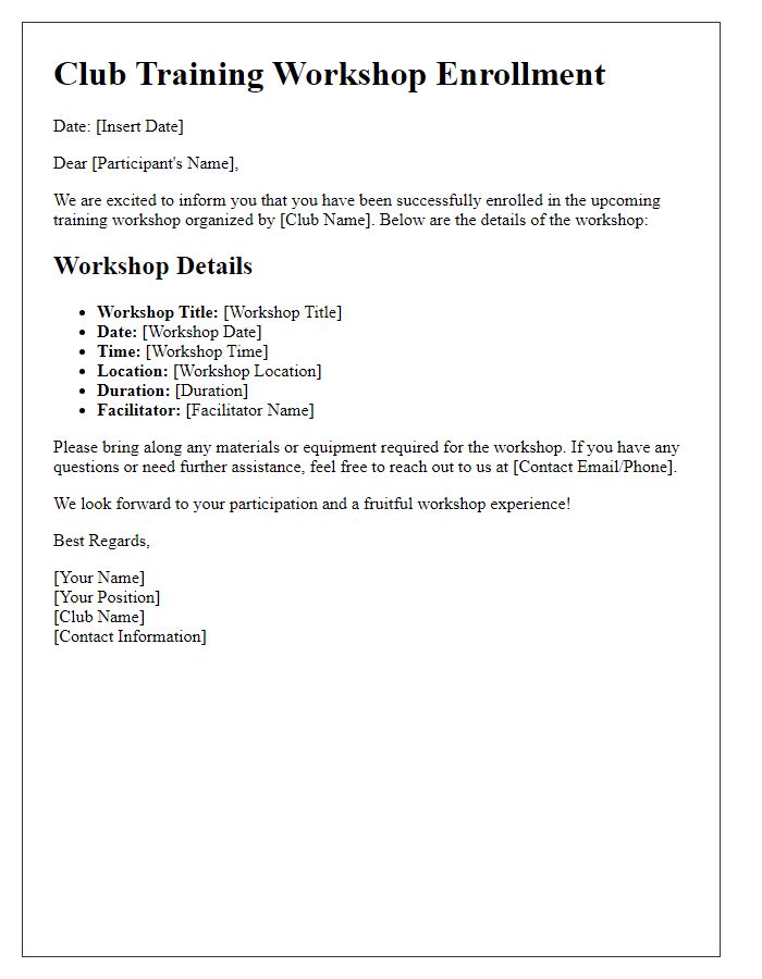 Letter template of club training workshop enrollment