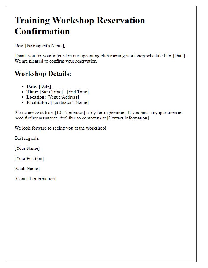 Letter template of club training workshop reservation