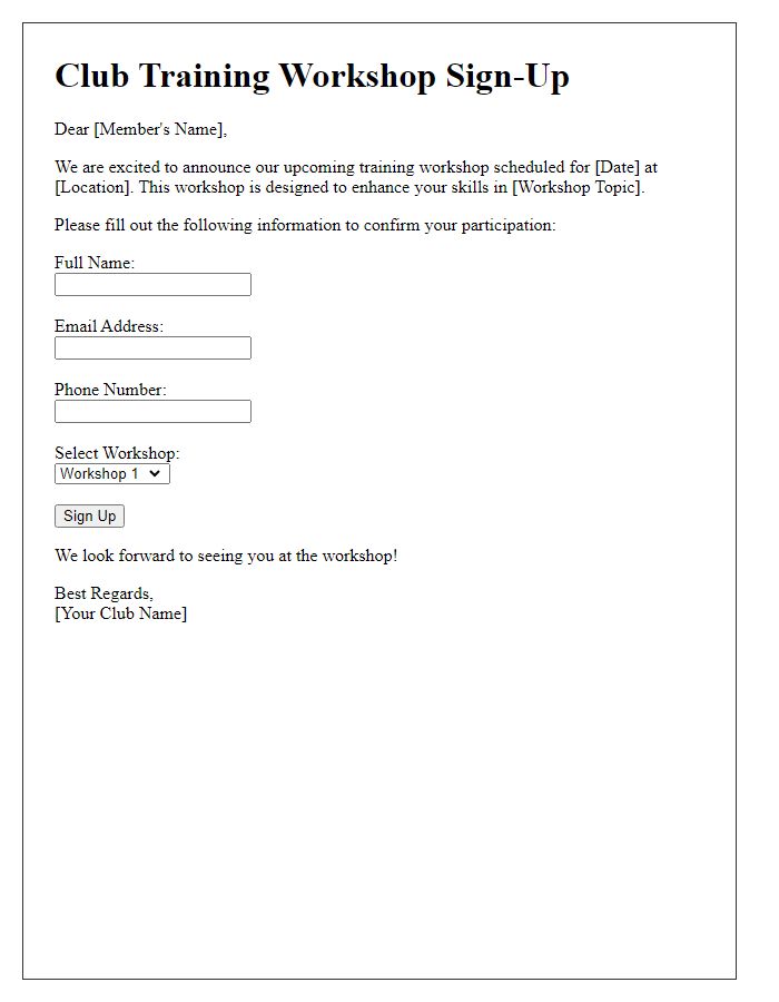 Letter template of club training workshop sign-up