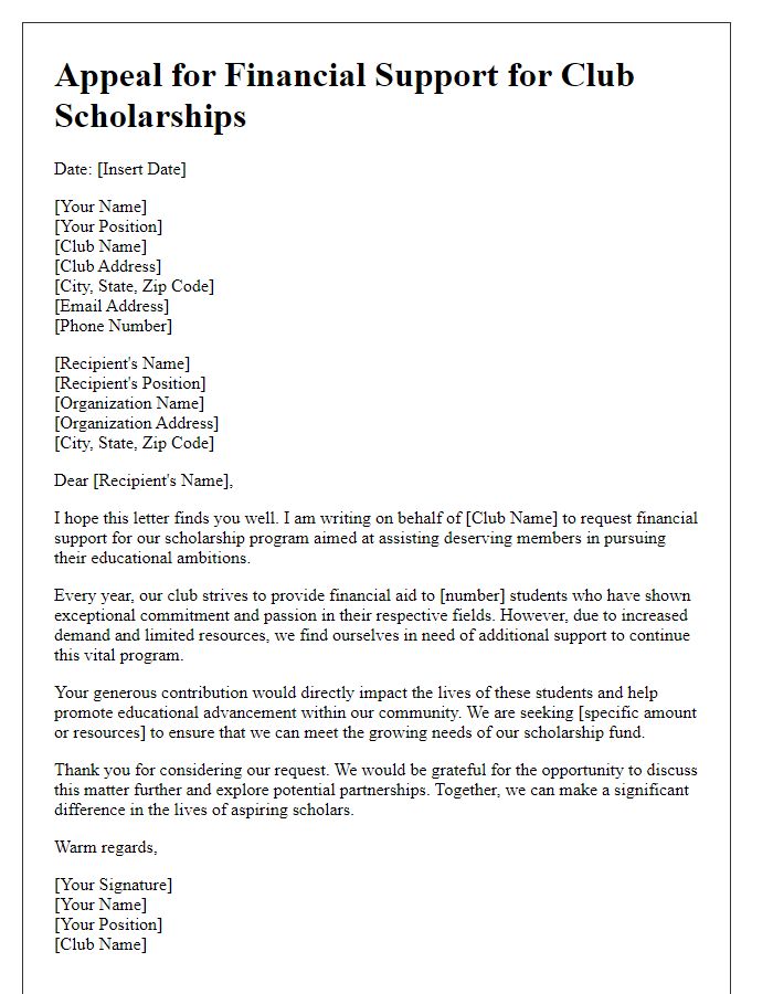 Letter template of appeal for financial support for club scholarships