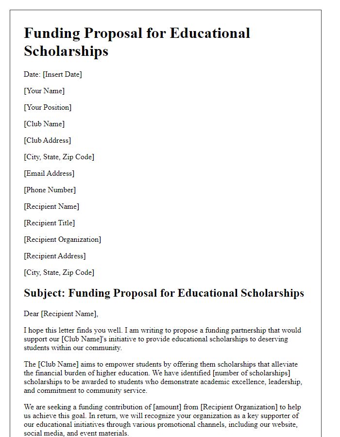 Letter template of funding proposal for club educational scholarships