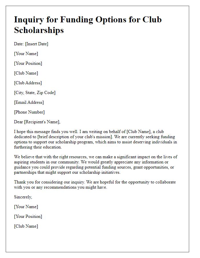 Letter template of inquiry for funding options for club scholarships