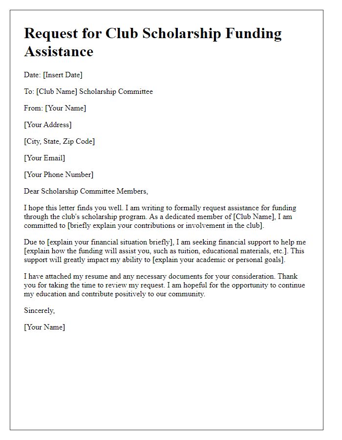 Letter template of request for club scholarship funding assistance