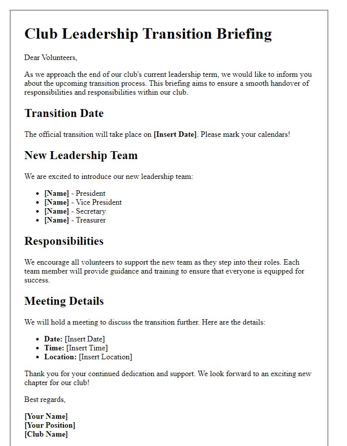 Letter template of Club Leadership Transition Briefing for Volunteers