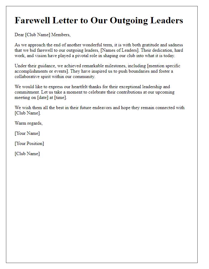 Letter template of Club Leadership Transition Farewell to Outgoing Leaders