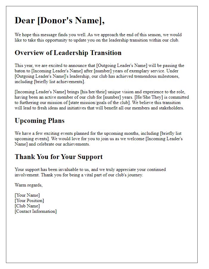 Letter template of Club Leadership Transition Overview for Donors