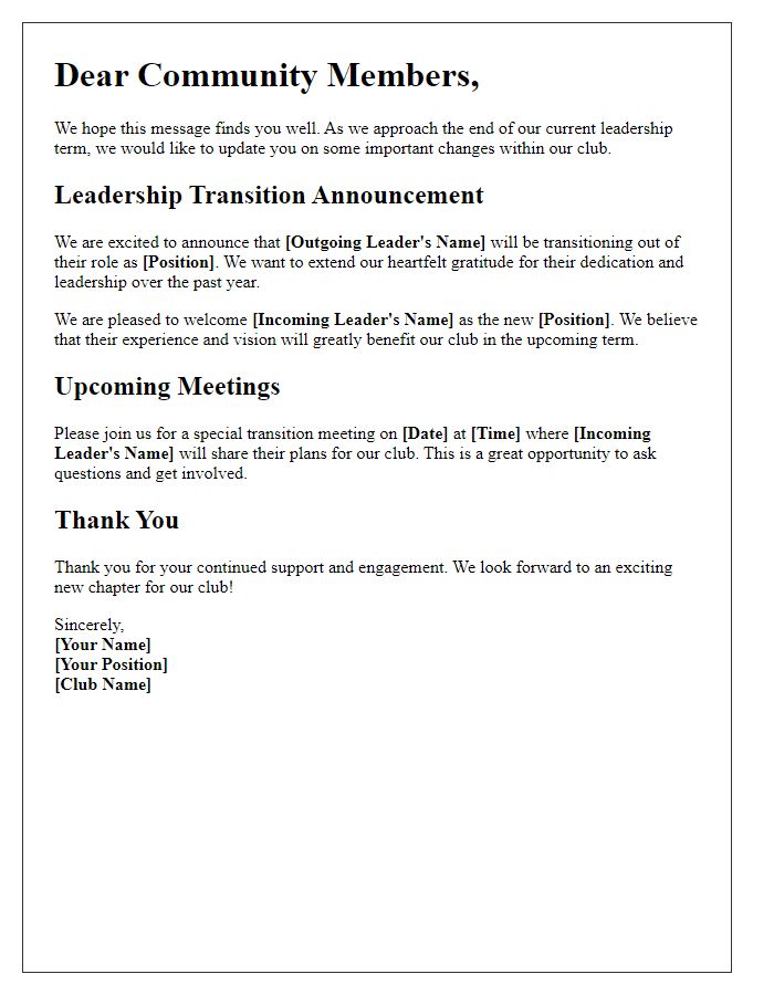 Letter template of Club Leadership Transition Update for the Community