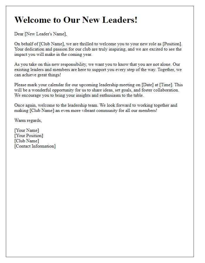 Letter template of Club Leadership Transition Welcome for New Leaders