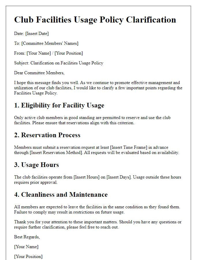 Letter template of club facilities usage policy clarification for committee members.