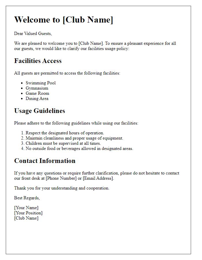 Letter template of club facilities usage policy clarification for guests.