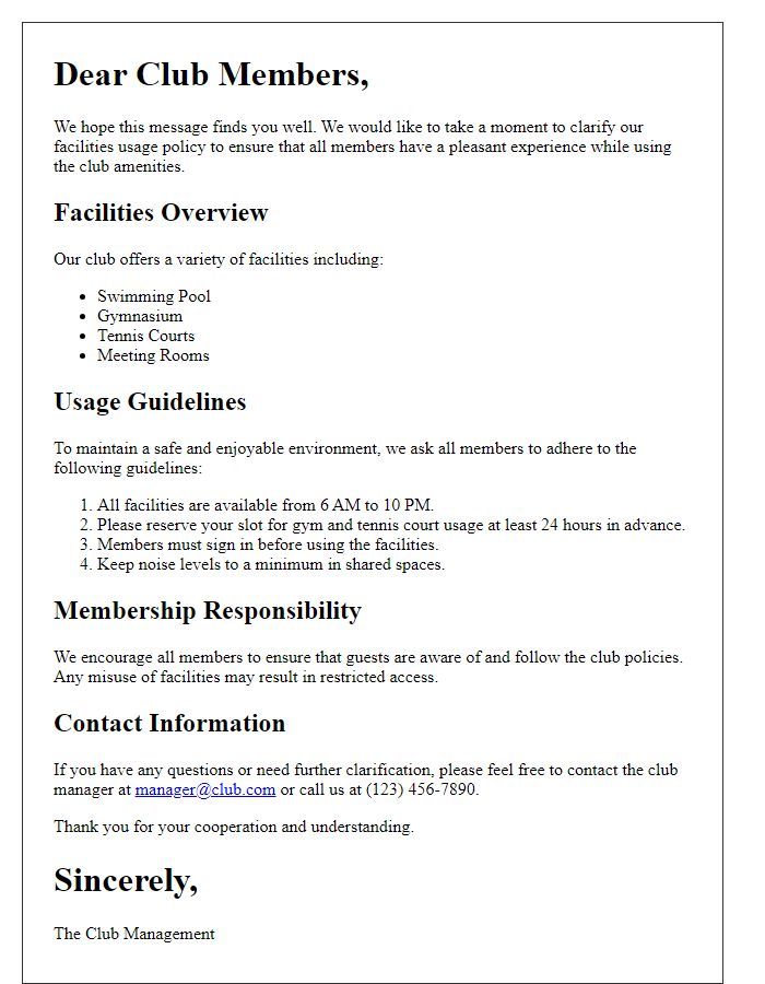 Letter template of club facilities usage policy clarification for members.