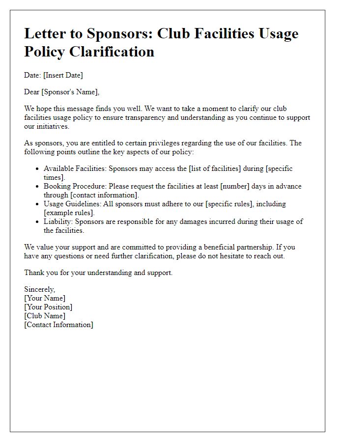 Letter template of club facilities usage policy clarification for sponsors.