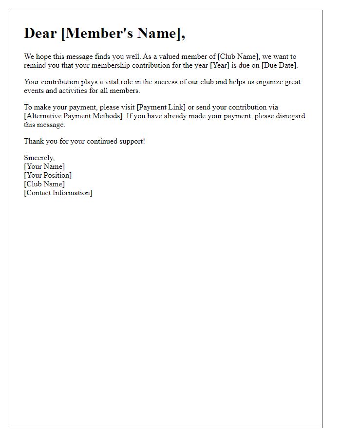 Letter template of club membership contribution reminder