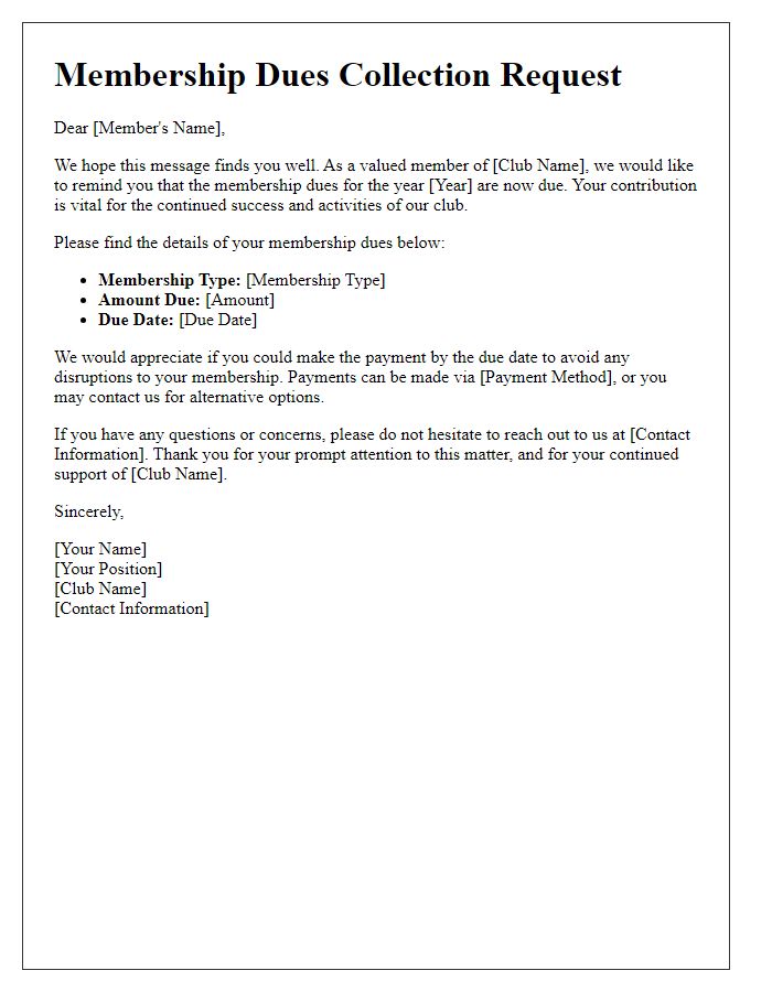 Letter template of club membership dues collection request