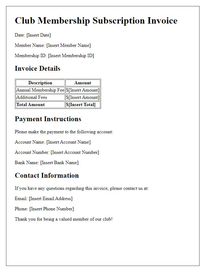 Letter template of club membership subscription invoice