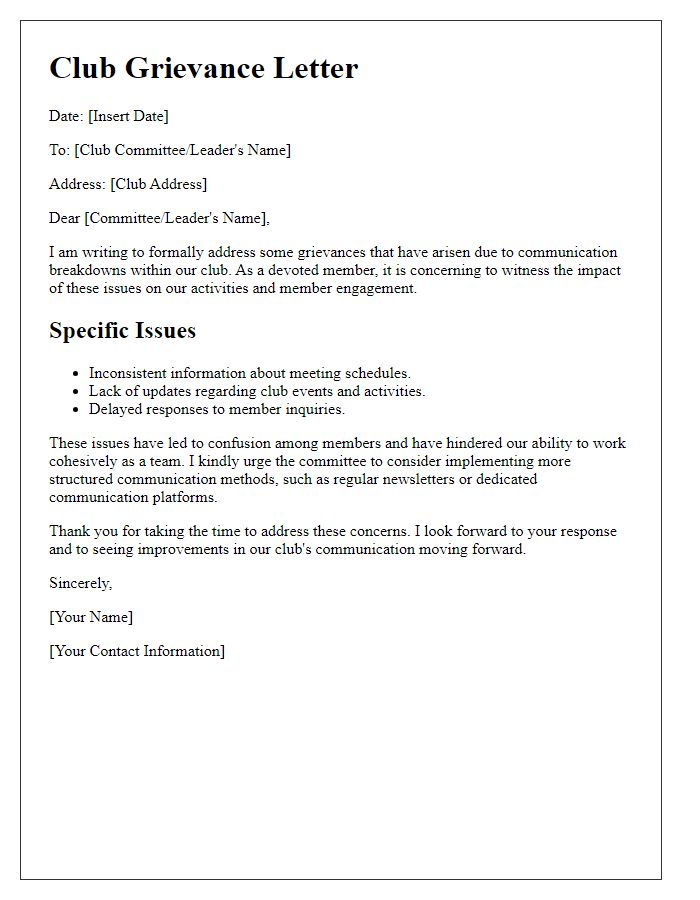 Letter template of club grievances for communication breakdowns.