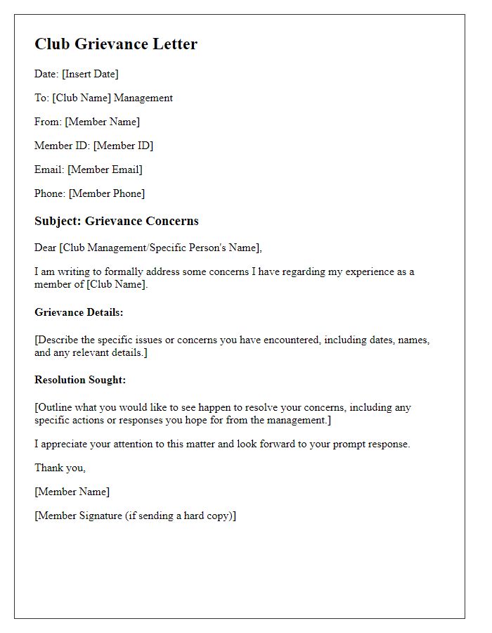 Letter template of club grievances for member concerns.