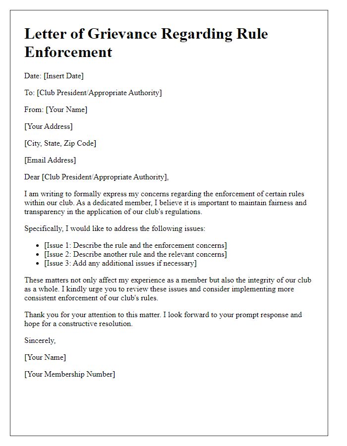 Letter template of club grievances regarding rule enforcement.