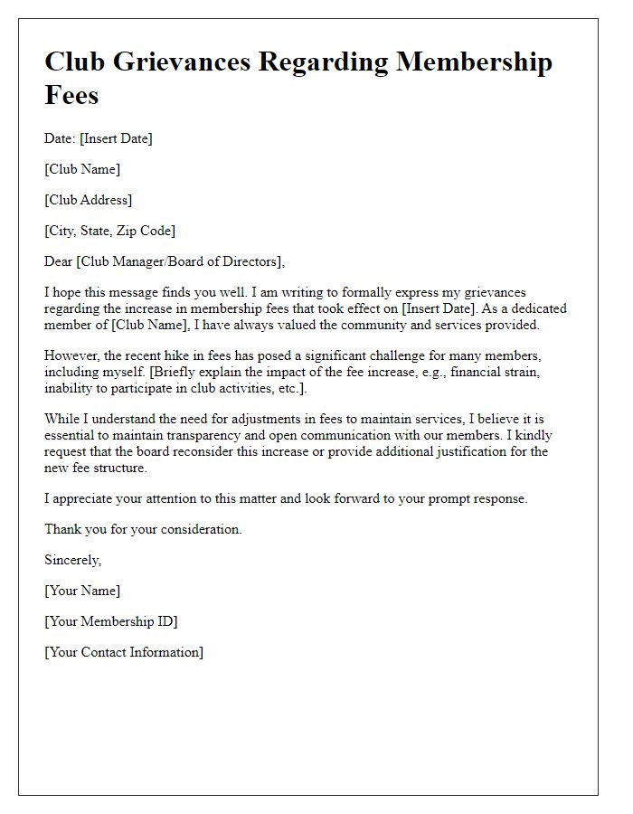 Letter template of club grievances related to membership fees.