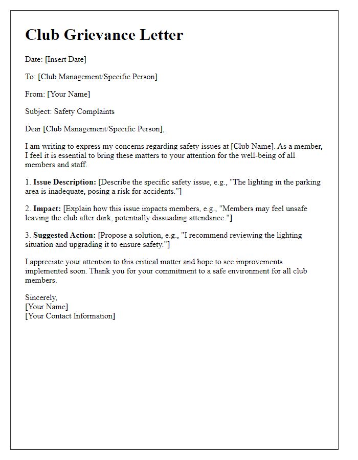 Letter template of club grievances for safety complaints.