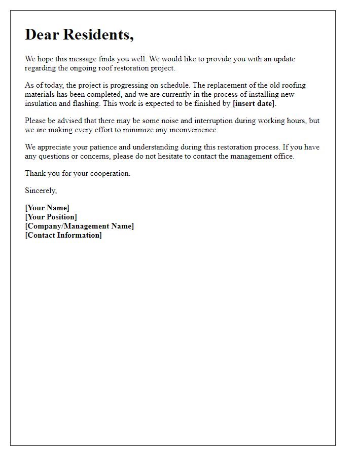 Letter template of Roof Restoration Update for Residents