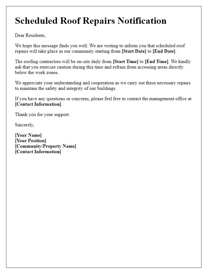 Letter template of Scheduled Roof Repairs for Residents