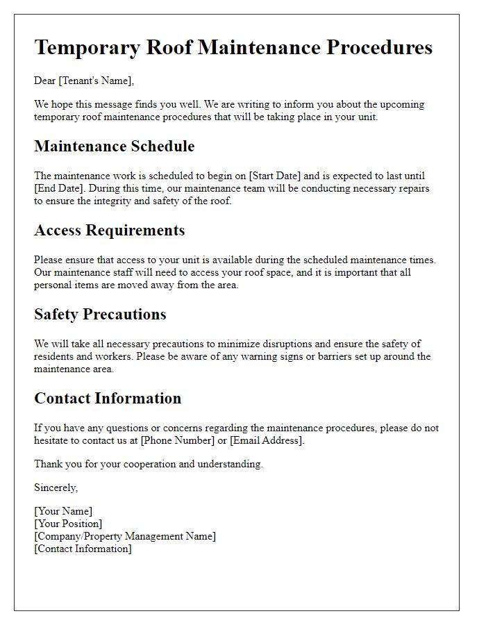 Letter template of Temporary Roof Maintenance Procedures for Tenants