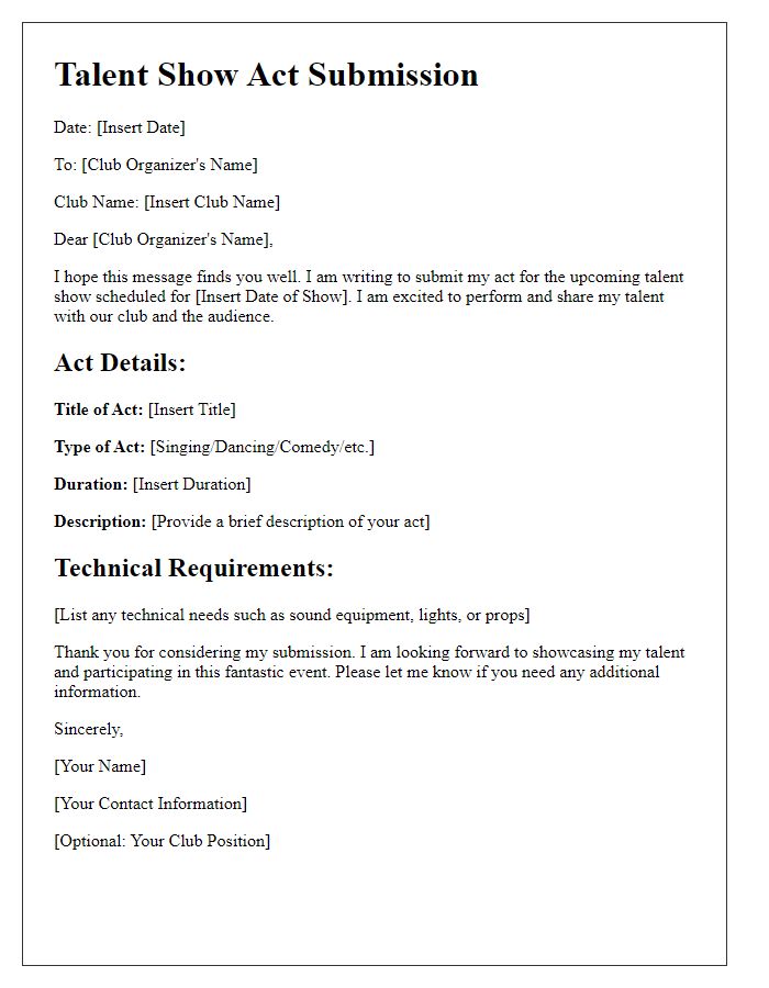 Letter template of club talent show act submission