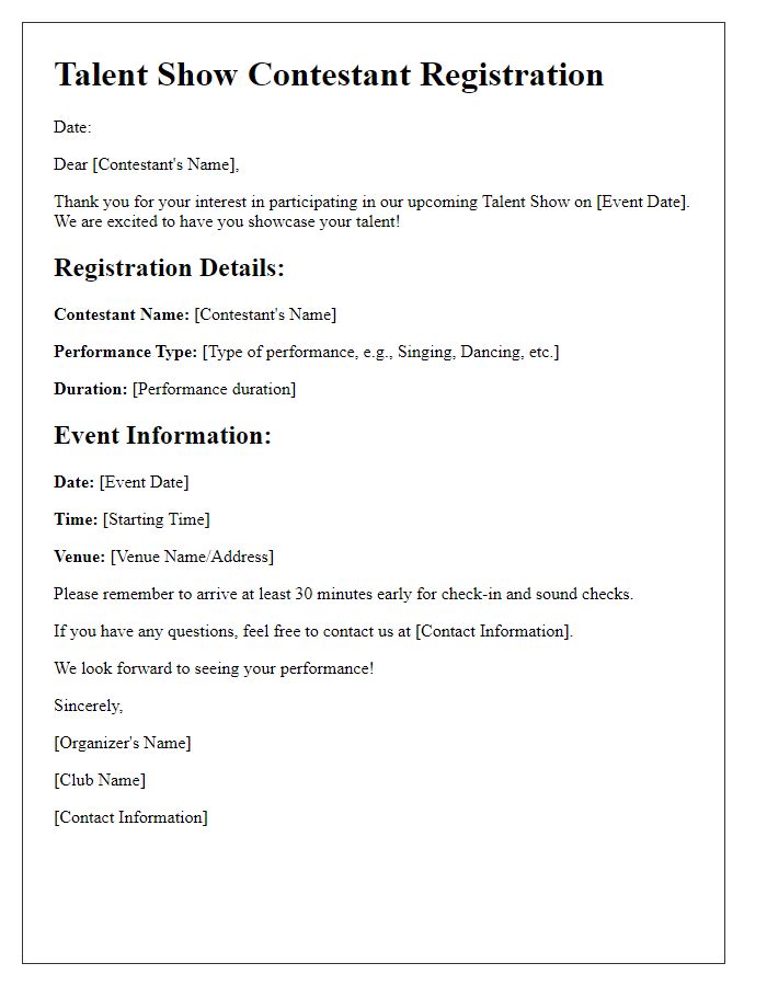 Letter template of club talent show contestant registration