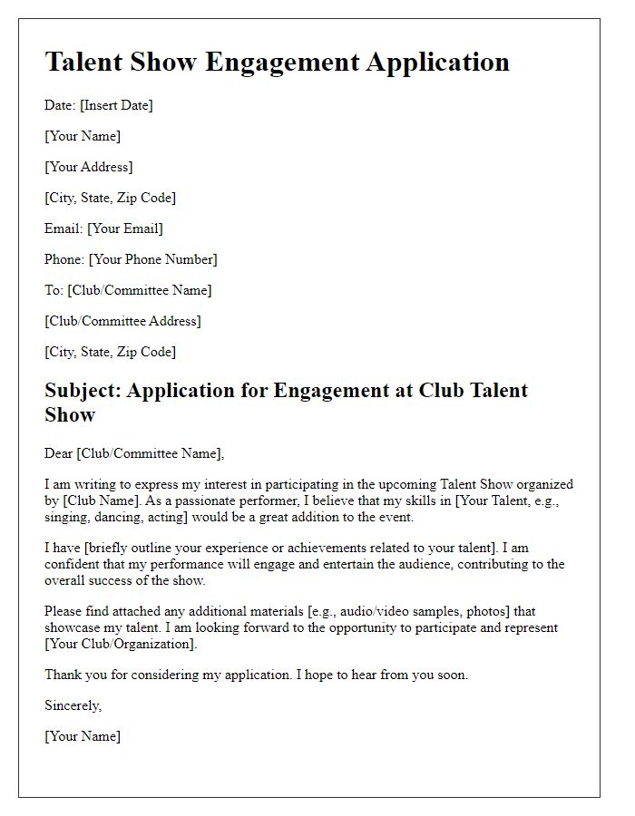 Letter template of club talent show engagement application