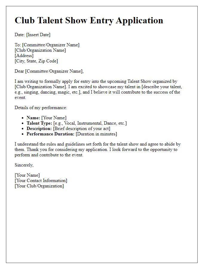 Letter template of club talent show entry application