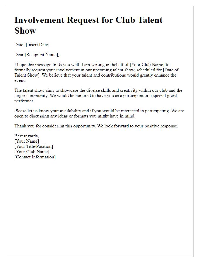 Letter template of club talent show involvement request