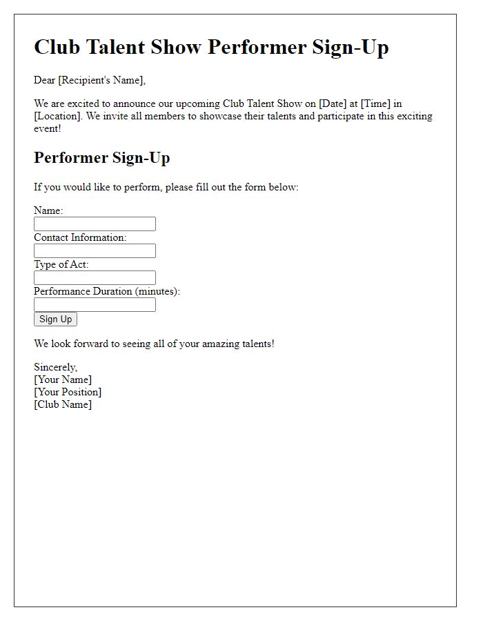 Letter template of club talent show performer sign-up