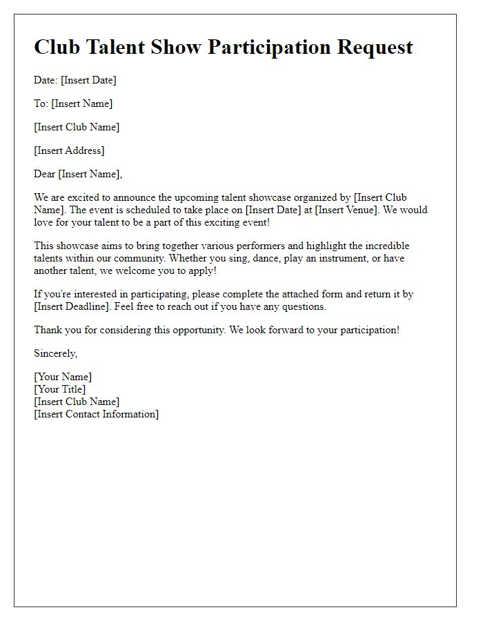 Letter template of club talent show showcase participation request